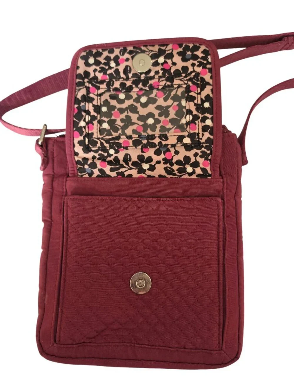 Vera Bradley Quilted Crossbody Organizer Bag Burgundy Plum Floral Interior - Picture 3 of 13